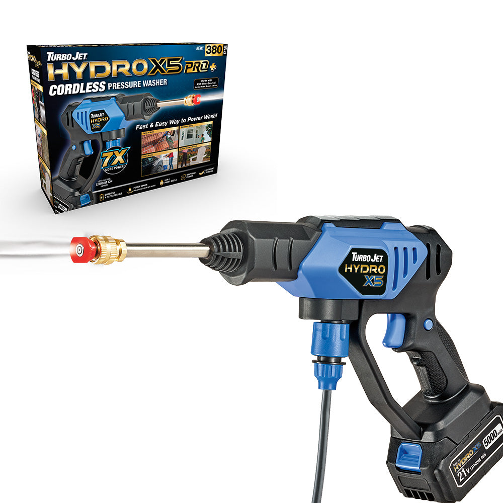 Turbo Jet® HydroX5 Pro+ Cordless Pressure Washer – 380 PSI | 21V 5000mAh Battery | Dual Water Source | Portable Pressure Washer for Cars, Patios, Bikes & More