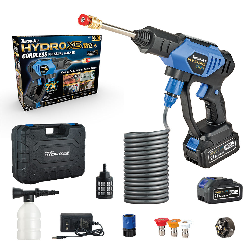 Turbo Jet® HydroX5 Pro+ Cordless Pressure Washer – 380 PSI | 21V 5000mAh Battery | Dual Water Source | Portable Pressure Washer for Cars, Patios, Bikes & More