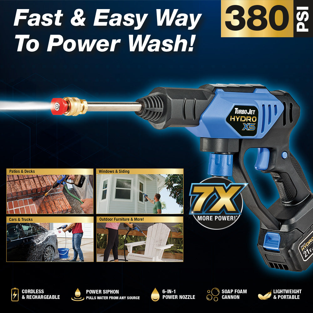 Turbo Jet® HydroX5 Pro+ Cordless Pressure Washer – 380 PSI | 21V 5000mAh Battery | Dual Water Source | Portable Pressure Washer for Cars, Patios, Bikes & More