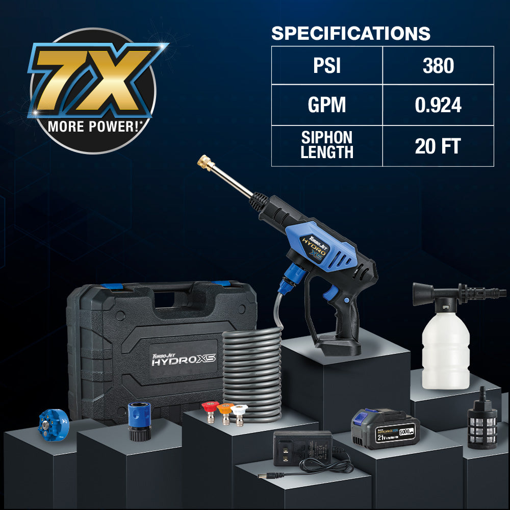Turbo Jet® HydroX5 Pro+ Cordless Pressure Washer – 380 PSI | 21V 5000mAh Battery | Dual Water Source | Portable Pressure Washer for Cars, Patios, Bikes & More